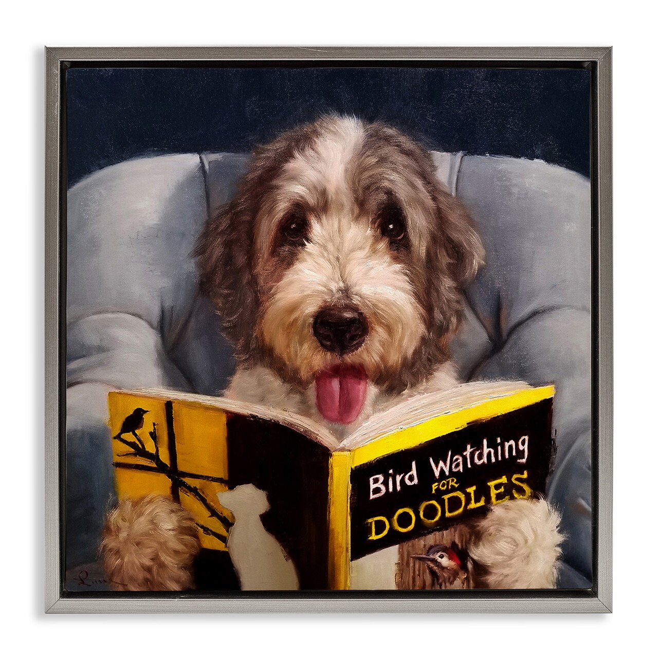 Stupell Industries Dog with Bird Watching Book Framed Floater Canvas Wall Art